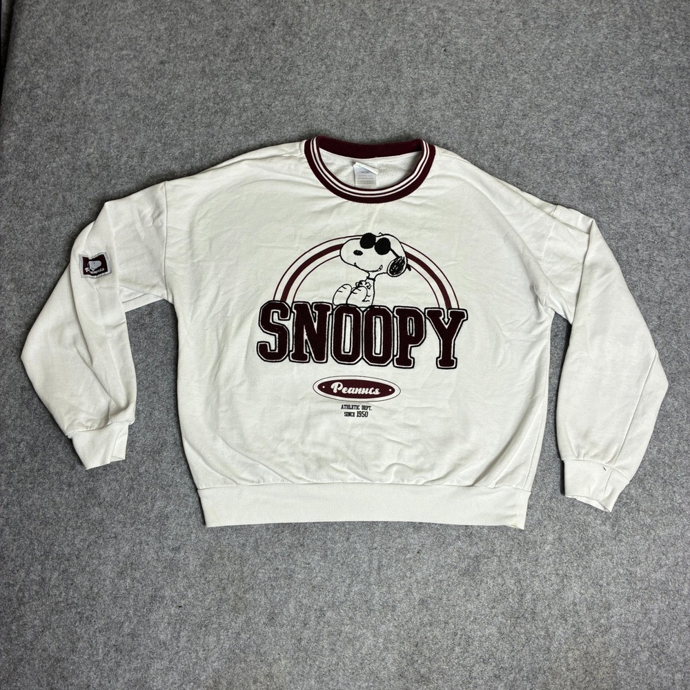 Peanuts Snoopy Joe Cool Womens Medium Sweatshirt Cream Burgundy Graphic Pullover